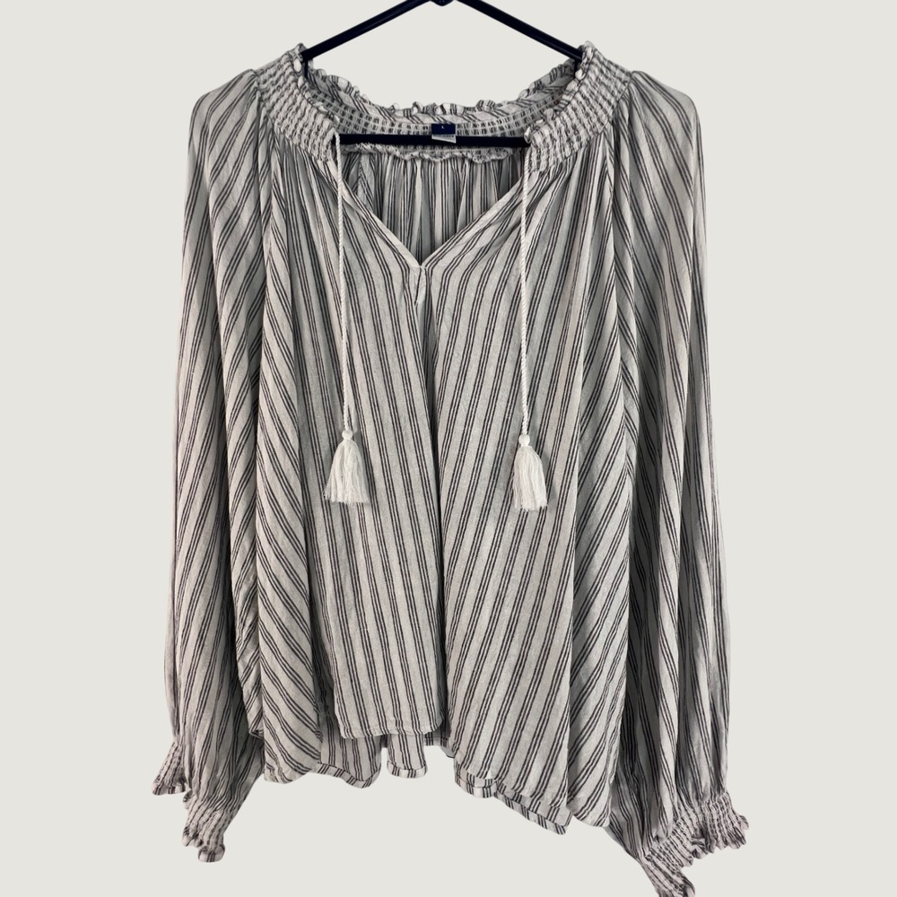 Old Navy Womens Large Linen Blend Striped Smocked Off Shoulder Tassel Blouse Top